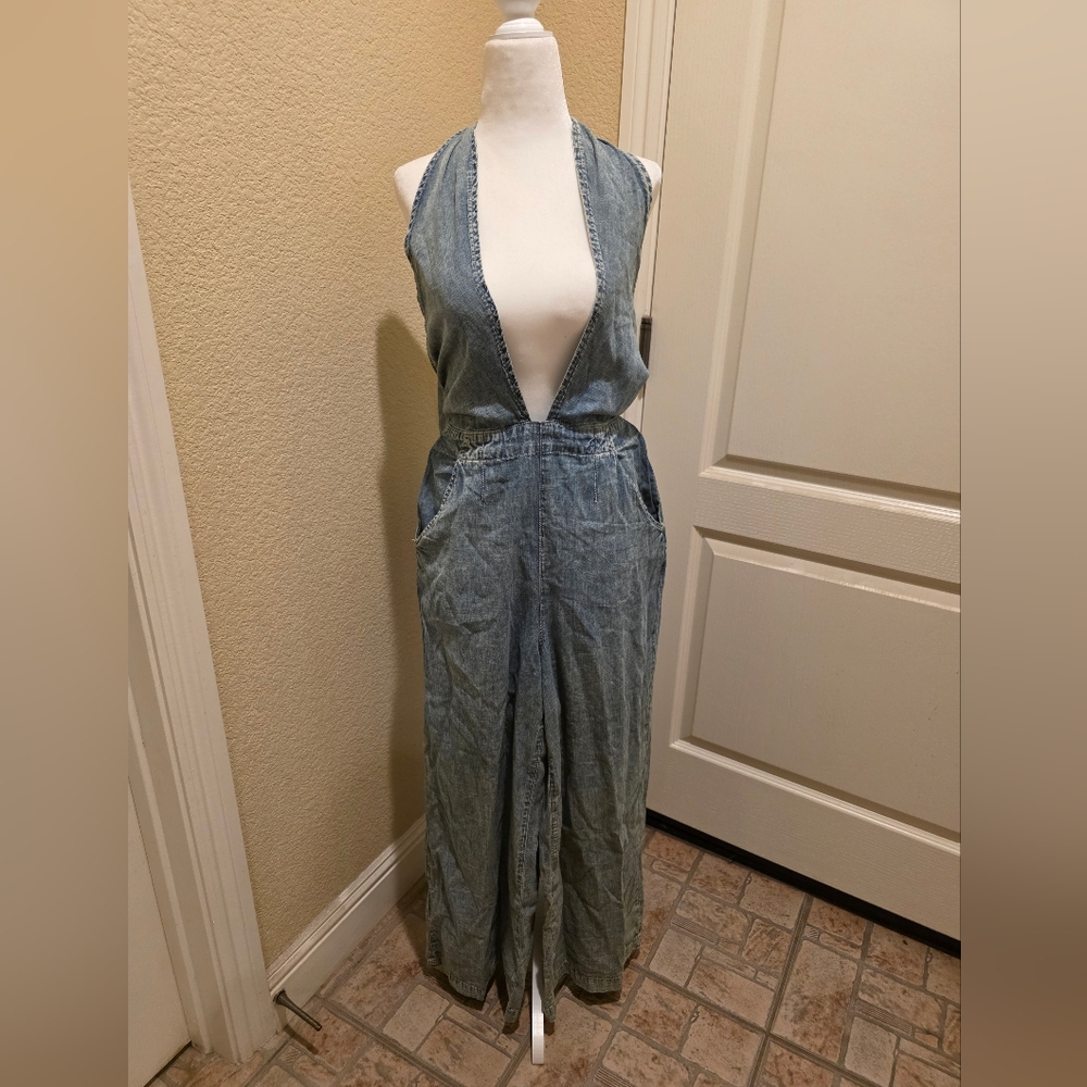 We The Free Light Blue Denim Halter Overalls